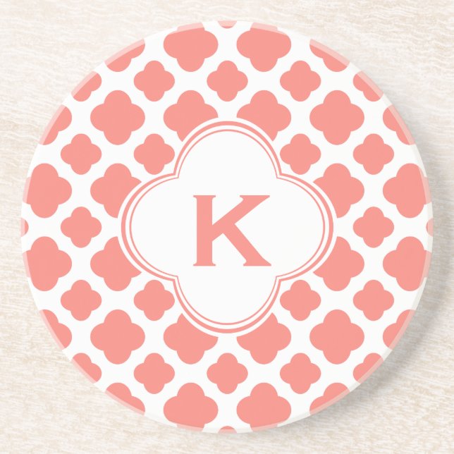 Monogrammed Coral Pink Quatrefoil Pattern Coaster (Front)