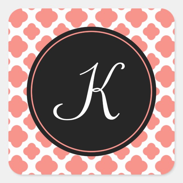 Monogrammed Coral Pink Quatrefoil Pattern Square Sticker (Front)