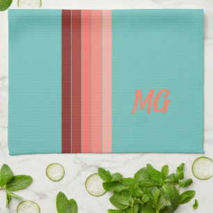 Monogrammed Coral Red Pink White Stripes  Tea Towel
