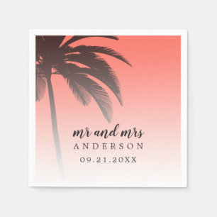 Monogrammed Coral Tropical Palm Tree Beach Wedding Napkin