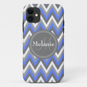 Monogrammed Cornflower Blue & Grey Chevron Pattern iPhone 11 Case