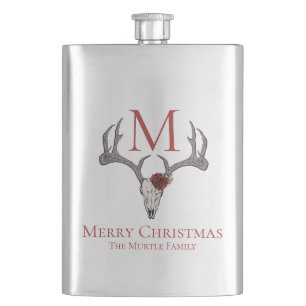 Monogrammed Country Xmas Deer Head Skull & Roses Hip Flask