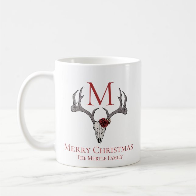 Monogrammed Country Xmas Reindeer Skull and Roses  Coffee Mug (Left)