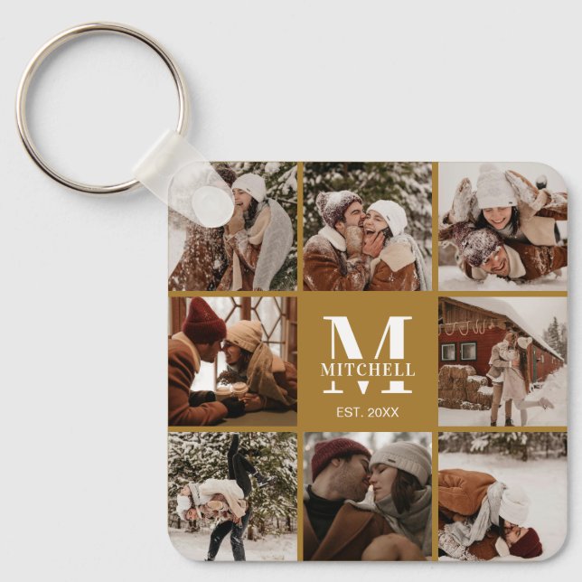 Monogrammed Couple Photo Collage | Monogram Gift Key Ring (Front)