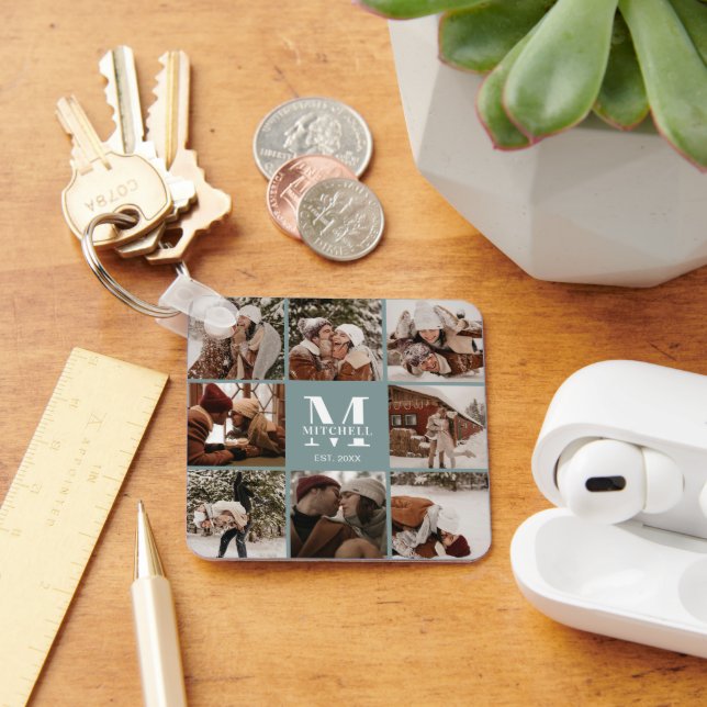 Monogrammed Couple Photo Collage | Monogram Green Key Ring (Desk)