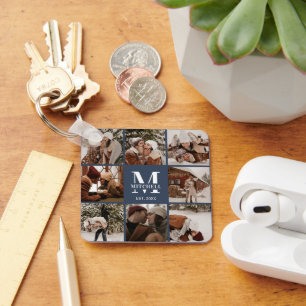 Monogrammed Couple Photo Collage Monogram Navy Key Ring