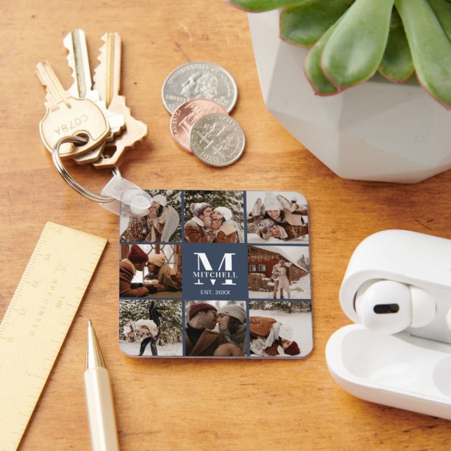 Monogrammed Couple Photo Collage | Monogram Navy Key Ring (Desk)