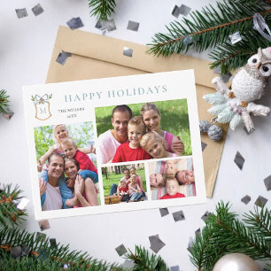 Monogrammed Crest Blue 4 Photo Holiday Card