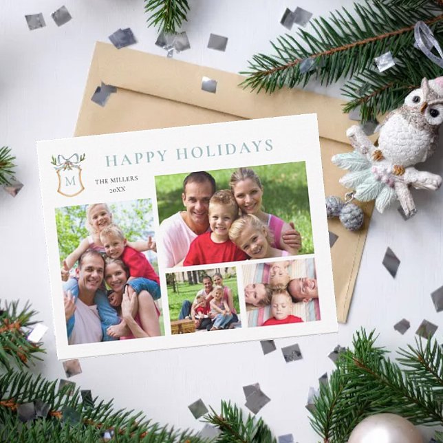 Monogrammed Crest Blue 4 Photo Holiday  Card (Creator Uploaded)
