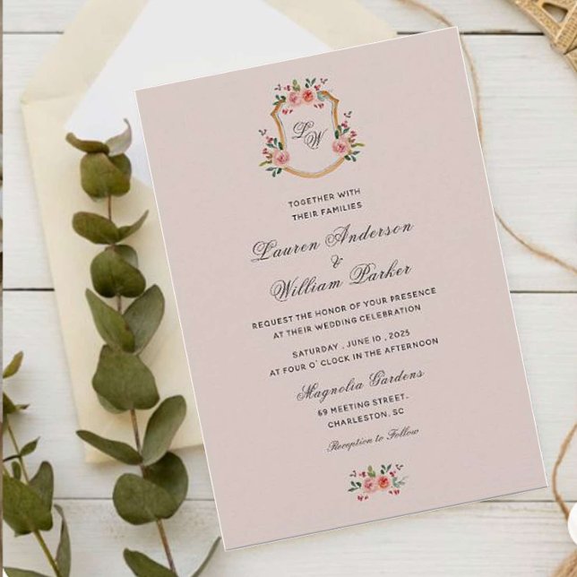 Monogrammed Crest with flowers Wedding Invitation (Creator Uploaded)