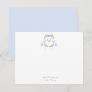 Monogrammed crest with Stork Baby boy Thank You Card