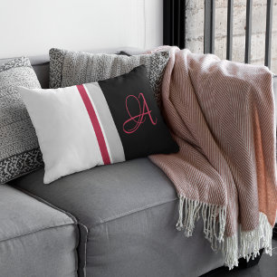 Monogrammed Crimson Grey Black Striped Lumbar Cushion