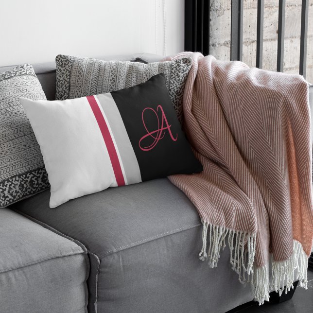 Monogrammed Crimson Grey Black Striped Lumbar Cushion (Creator Uploaded)
