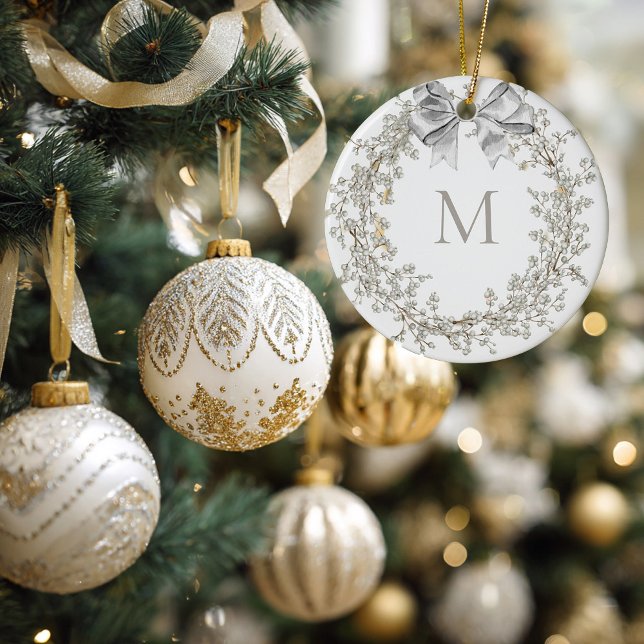 Monogrammed Crystal Wreath Christmas Ceramic Ornament (Crystal Wreath Monogrammed Christmas Ornament)