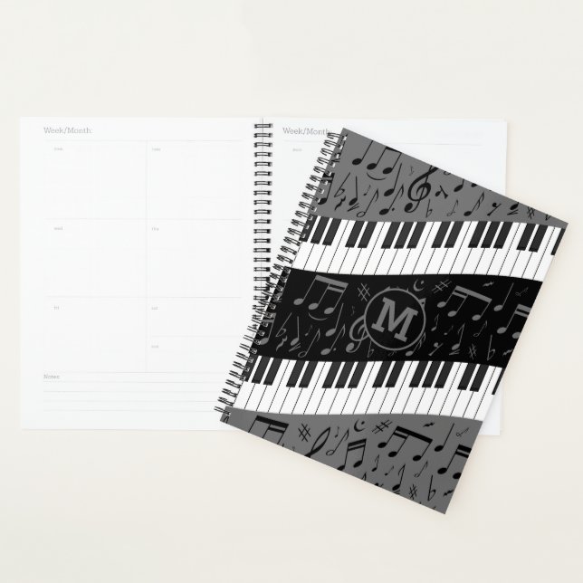 Monogrammed curve piano keys and musical notes planner (Display)
