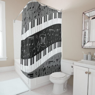 Monogrammed curve piano keys and musical notes shower curtain