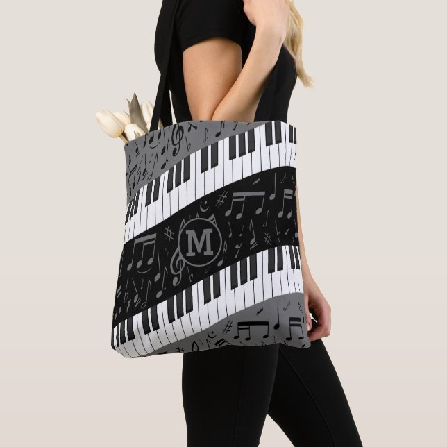 Monogrammed curve piano keys and musical notes tote bag (Close Up)