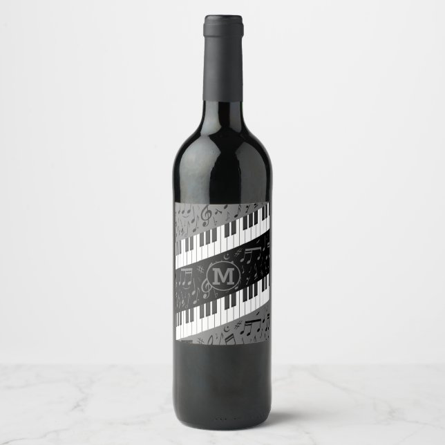 Monogrammed curve piano keys and musical notes wine label (Front)
