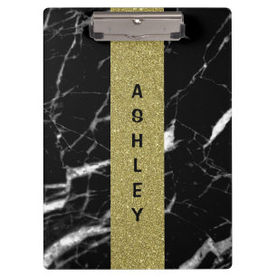 Monogrammed Custom name black marble and gold Clipboard
