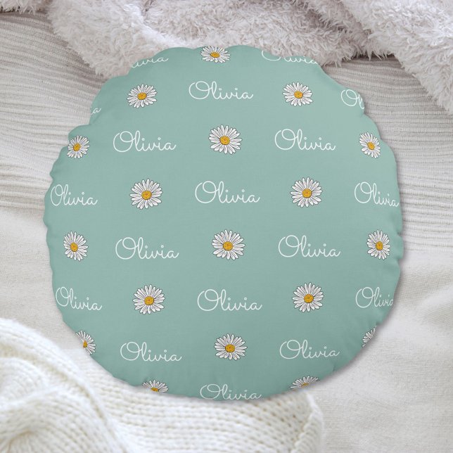 Monogrammed Custom Name White Daisy Floral Pattern Round Cushion (In situ)