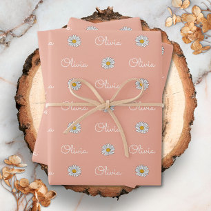 Monogrammed Custom Name White Daisy Floral Pattern Wrapping Paper Sheet