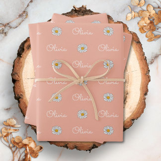 Monogrammed Custom Name White Daisy Floral Pattern Wrapping Paper Sheet