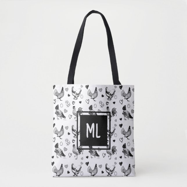 Monogrammed Cute Black and White Cartoon Chickens Tote Bag (Front)