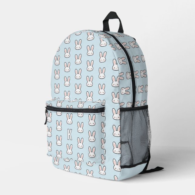 Monogrammed Cute Bunny Face Rabbit Pattern Printed Backpack (Back Corner Right)