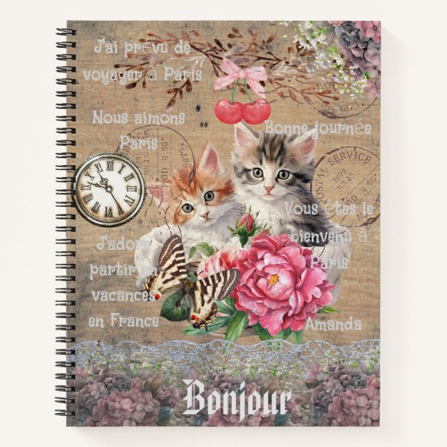 Monogrammed cute cats surrounding with flowers notebook (Front)