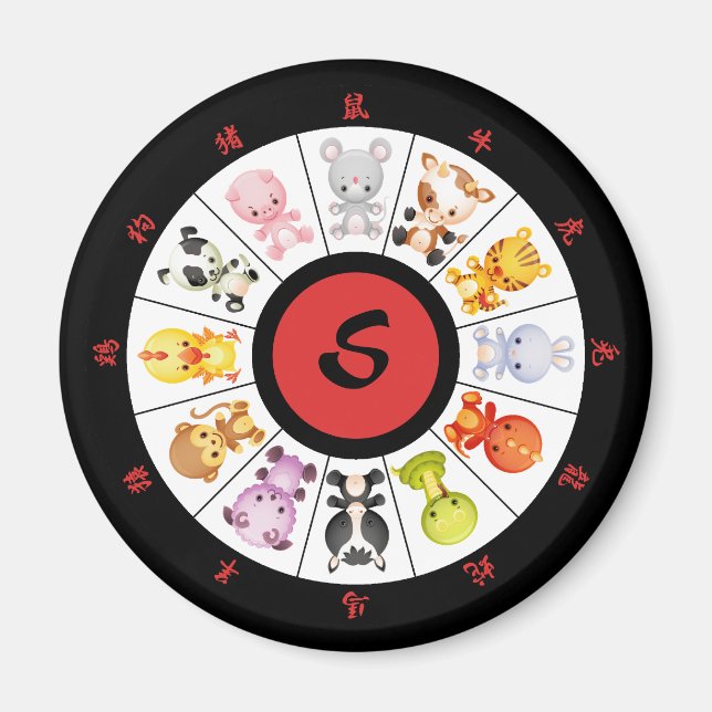 Monogrammed Cute Chinese Zodiac Circle Magnet (Front)