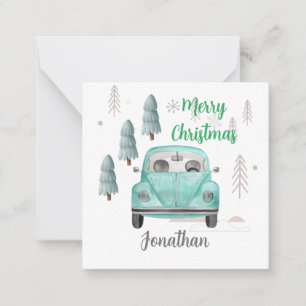 Monogrammed cute Christmas trees and car blue Card