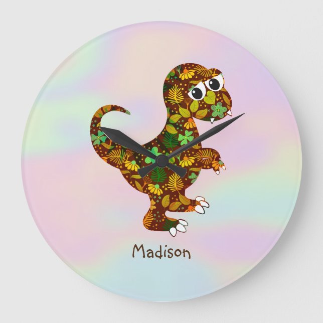 Monogrammed Cute Dinosaur Large Clock (Front)