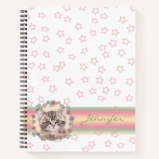 Monogrammed Cute Kitten Floral Pink Star Notebook (Front)