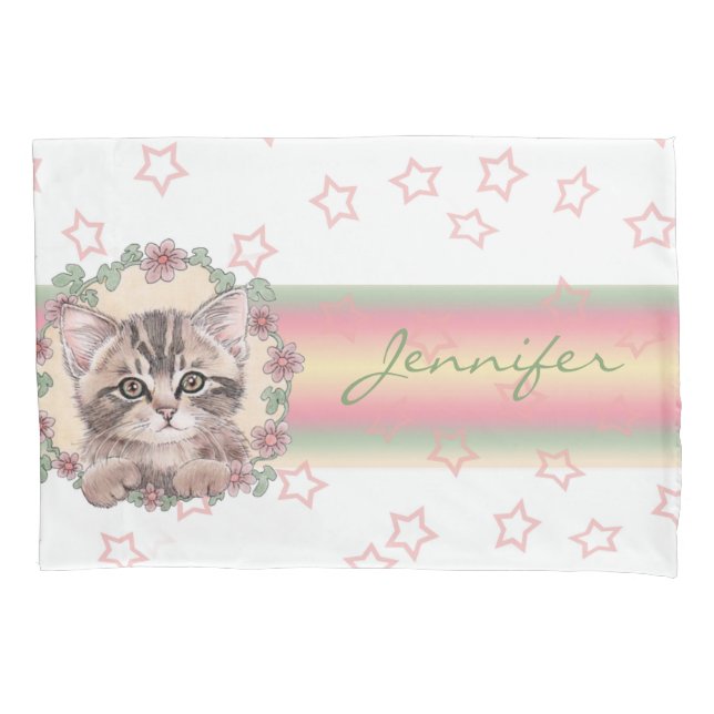 Monogrammed Cute Kitten Floral Pink Star Pillowcase (Front)