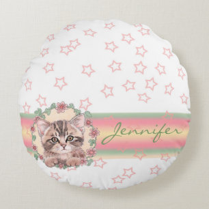 Monogrammed Cute Kitten Floral Pink Star Round Cushion
