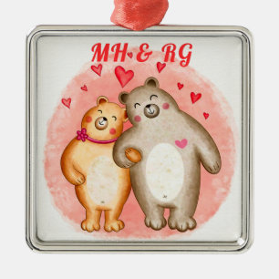 Monogrammed Cute Love Bears Metal Ornament