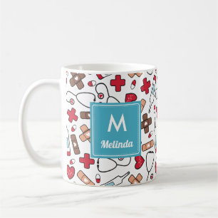 Monogrammed Cute Nurse Pattern Coffee Mug