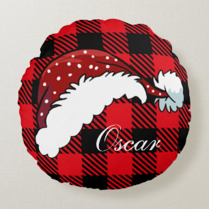 Monogrammed cute santa hat buffalo palid red black round cushion