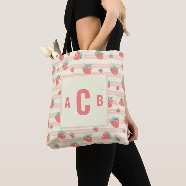 Monogrammed Cute Strawberries + Cream Pattern Tote Bag (Close Up)
