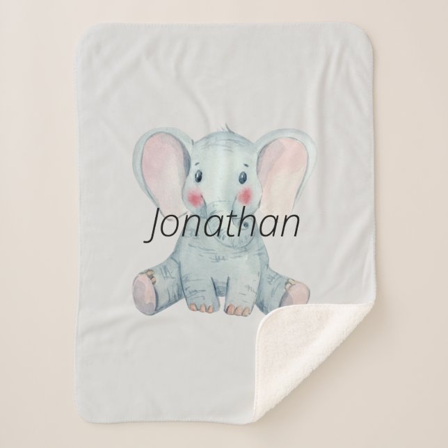 Monogrammed cute watercolor elephant Nursery blue Sherpa Blanket (Front)
