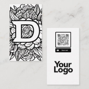Monogrammed D Black and White Floral QR Code Logo Business Card