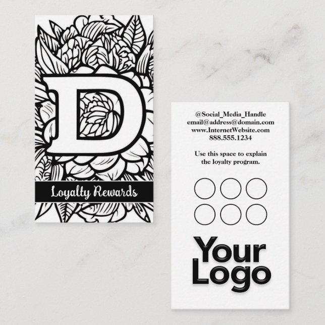 Monogrammed D Floral Black and White Company Logo  Business Card (Front/Back)