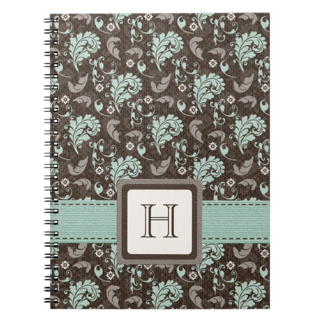 Monogrammed Damask Spiral Notebook Journal Teal Br (Front)