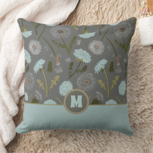 Monogrammed Dandelion Flowers Grey Blue Cushion