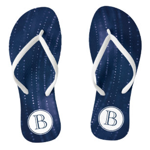 Monogrammed Dark Blue Abstract w White Dots Thongs