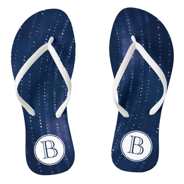 Monogrammed Dark Blue Abstract w White Dots Thongs (Footbed)