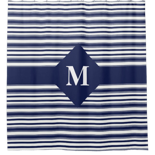 Monogrammed Dark Blue and White Stripes Shower Curtain (Front)