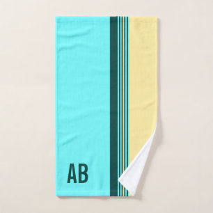 Monogrammed Dark Green Yellow Blue Stripes Hand Towel
