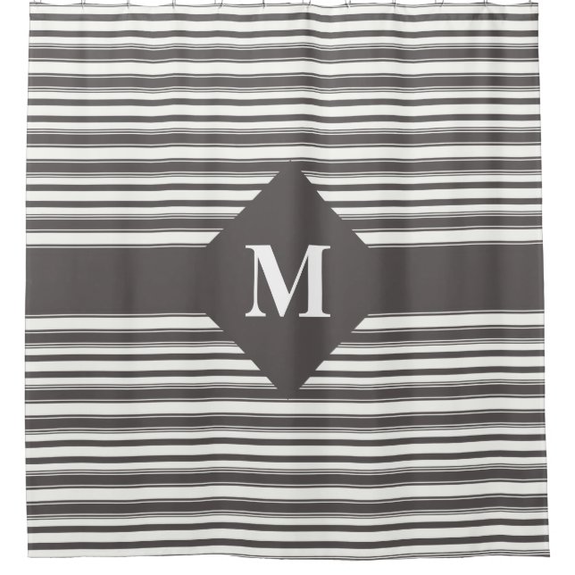 Monogrammed Dark Grey and White Stripes Shower Curtain (Front)
