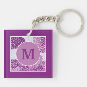 Monogrammed Dark Purple Floral Pattern Key Ring